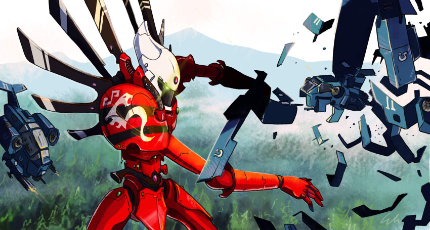 absurdres aircraft armor battle blue_armor crossover debris eldar eva_02 forehead_jewel forest glowing glowing_eyes gun highres horizon kakatrin landscape mecha military_vehicle mountain mountainous_horizon multicolored_armor nature neon_genesis_evangelion outdoors red_armor robot science_fiction stomach_jewel titan_(warhammer_40k) tree ultramarines warhammer_40k weapon white_armor yellow_eyes