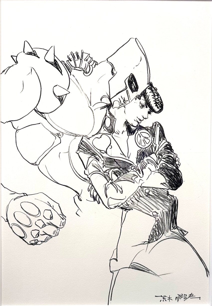 1boy 1other absurdres araki_hirohiko brooch commentary crazy_diamond crossed_arms diamond_wa_kudakenai english_commentary gakuran grey_background hatching_(texture) heart heart_brooch higashikata_josuke high_collar highres jewelry jojo_no_kimyou_na_bouken long_coat monochrome official_art peace_symbol pompadour school_uniform second-party_source sketch spikes stand_(jojo) traditional_media tube