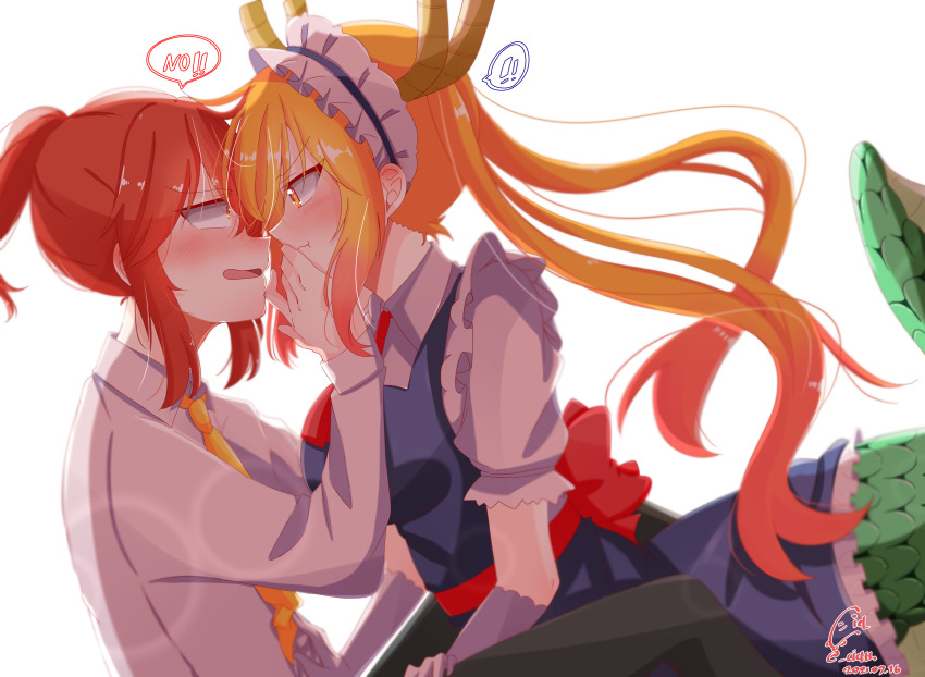 ! !! 2girls absurdres blonde_hair blush bow breasts ciel_cl2525 closed_mouth collared_shirt colored_tips dragon_girl dragon_horns dragon_tail dress english_text face-to-face flat_chest floating_hair from_side green_tail hand_on_another&#039;s_face hand_on_another&#039;s_stomach hand_on_another&#039;s_thigh highres horns kobayashi-san_chi_no_maidragon kobayashi_(maidragon) large_breasts long_hair long_sleeves maid maid_headdress multicolored_hair multiple_girls necktie no open_mouth orange_eyes orange_hair pinafore_dress ponytail red_bow red_eyes red_hair red_neckwear rejected_kiss scales shirt short_necktie short_ponytail sleeveless sleeveless_dress slit_pupils speech_bubble spoken_exclamation_mark tail tohru_(maidragon) twintails two-tone_hair v-shaped_eyebrows waist_bow white_shirt yellow_neckwear yuri