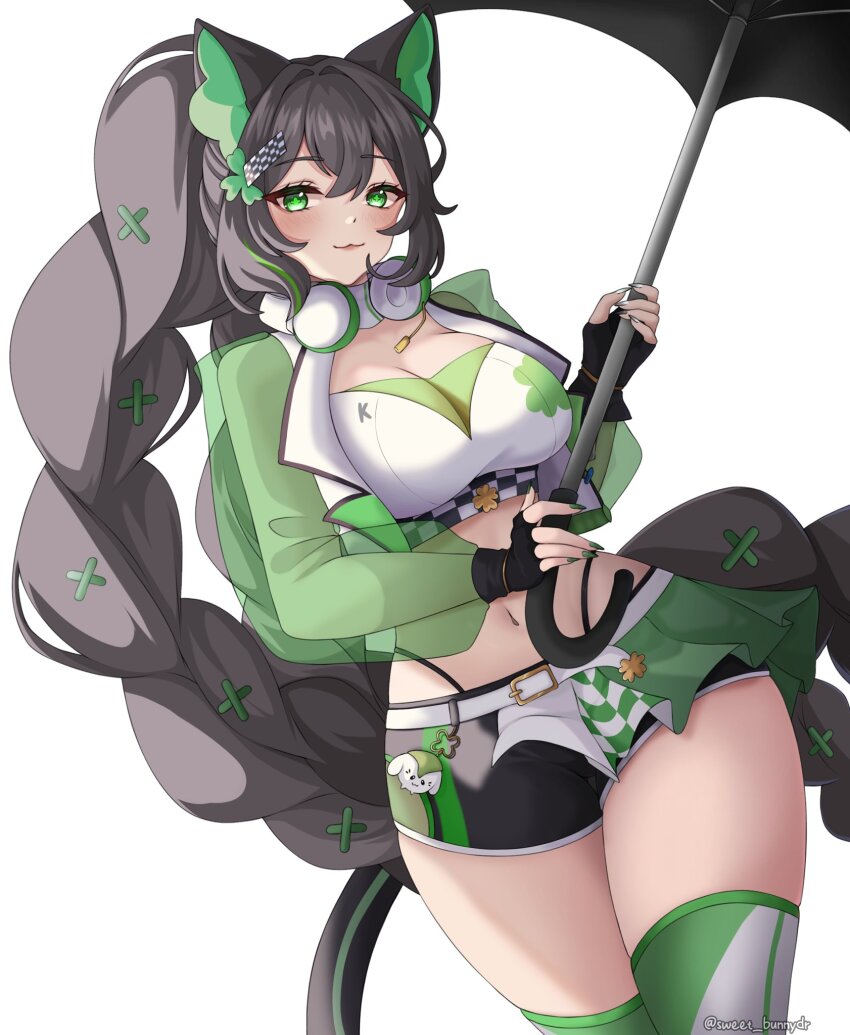 1girl :3 animal_ears belt black_gloves black_hair black_shorts braid breasts cat_ears checkered_clothes checkered_hair_ornament choker cleavage closed_mouth clover cowboy_shot crop_top cropped_jacket fingerless_gloves four-leaf_clover gloves green_eyes green_jacket hair_ornament hairclip headphones headphones_around_neck highleg highres holding holding_umbrella indie_virtual_youtuber jacket kitsunya_(vtuber) large_breasts long_hair long_sleeves looking_at_viewer midriff navel open_clothes open_jacket panty_straps puffy_long_sleeves puffy_sleeves race_queen second-party_source see-through_clothes see-through_jacket see-through_sleeves shirt shorts skort smile solo stomach sweet_bunnydr thighhighs thighs twin_braids twintails umbrella very_long_hair virtual_youtuber white_choker white_shirt