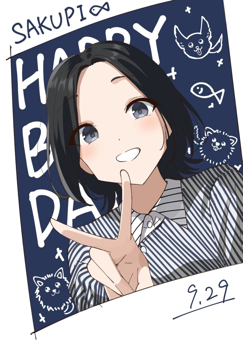 1girl :d black_hair blue_background blush border character_name collared_shirt commentary_request dated diagonal-striped_shirt eyes_visible_through_hair grey_eyes grey_shirt grin hand_up happy_birthday highres kanaria_hisagi looking_at_viewer mizuno_saku open_mouth parted_bangs portrait raised_eyebrows real_life shirt short_hair simple_background smile solo striped_clothes striped_shirt v voice_actor white_border white_shirt