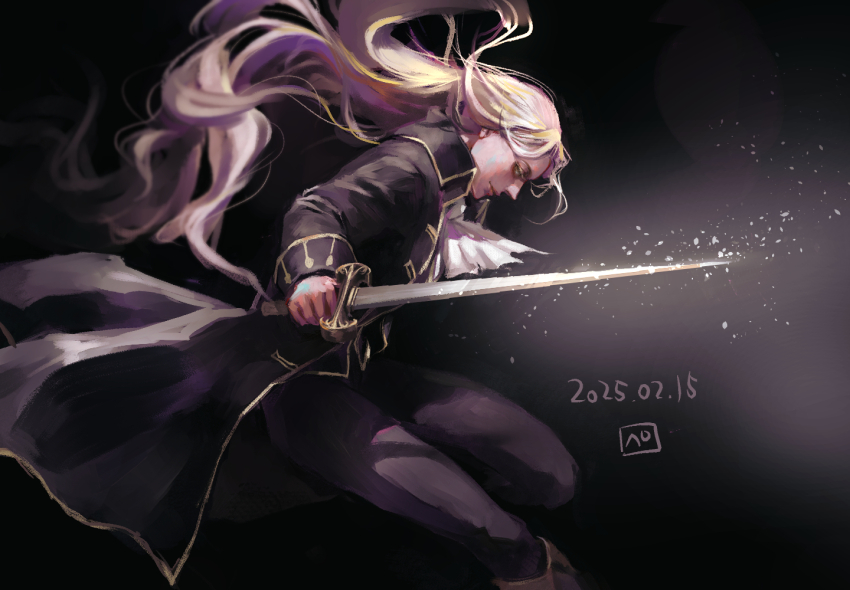 1boy alucard_(castlevania) ascot black_background black_boots black_coat black_pants blonde_hair boots castlevania:_symphony_of_the_night castlevania_(series) coat commentary_request dated haruka0430 holding holding_sword holding_weapon long_coat long_hair male_focus pants solo sword very_long_hair weapon white_ascot