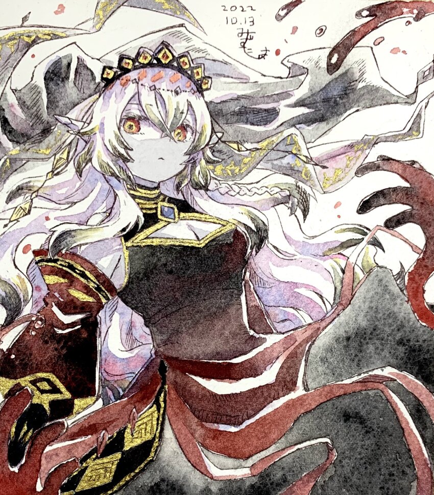 1girl black_tiara black_veil blazing_cartesia_the_virtuous braid breasts cleavage cleavage_cutout clothing_cutout detached_sleeves duel_monster ecclesia_(yu-gi-oh!) hair_between_eyes highres large_breasts mizutama_(mizutamalion) pointy_ears red_eyes simple_background solo tiara veil white_background white_hair yu-gi-oh!