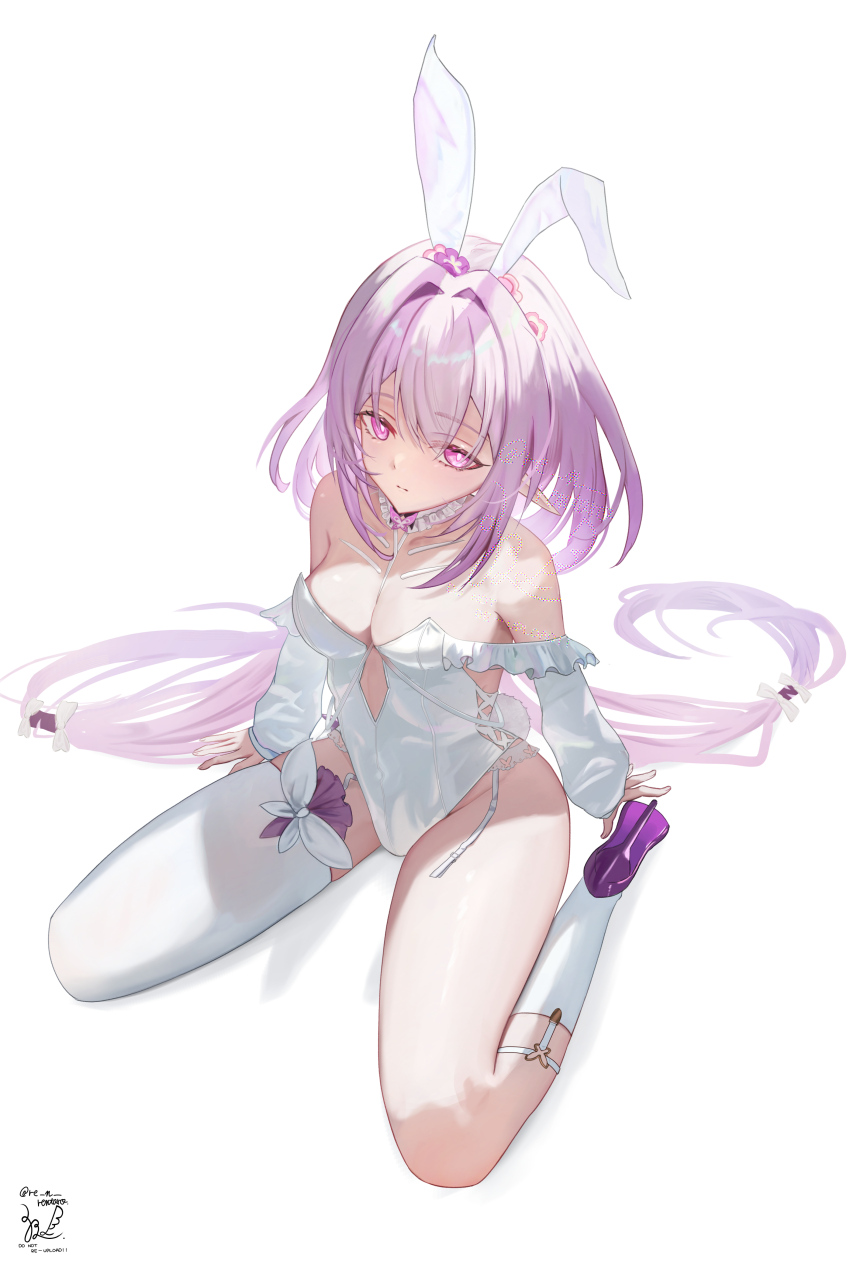 1girl absurdres animal_ears artist_logo bare_shoulders breasts bright_pupils castorice_(honkai:_star_rail) cleavage closed_mouth commentary fake_animal_ears full_body high_heels highres honkai:_star_rail honkai_(series) kneehighs leotard logo long_hair long_sleeves looking_at_viewer playboy_bunny pointy_ears purple_eyes purple_hair purple_shoes rabbit_ears sazanami_(re_n_rentaro) shoes simple_background sitting socks solo thighhighs twintails wariza white_background white_pupils white_socks white_thighhighs