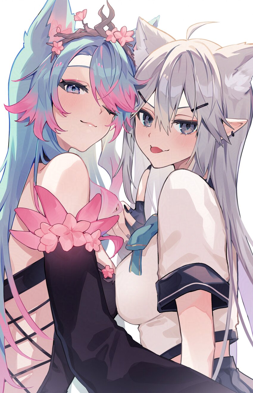 2girls absurdres ahoge animal_ear_fluff animal_ears black_dress black_gloves black_skirt blue_bow blue_bowtie blue_hair bow bowtie breast_press breasts cat_ears closed_mouth colored_tips cross-laced_clothes cross-laced_dress dress earrings fingerless_gloves flower gloves grey_hair highres indie_virtual_youtuber jewelry long_hair multicolored_hair multiple_girls one_eye_closed pink_flower pink_hair pleated_skirt pointy_ears purple_eyes raru_pipipi school_uniform silvervale silvervale_(sakura_goddess) skirt symmetrical_docking tongue tongue_out vei_(vtuber) vei_(vtuber)_(11th_costume) virtual_youtuber white_background wolf_ears wolf_girl
