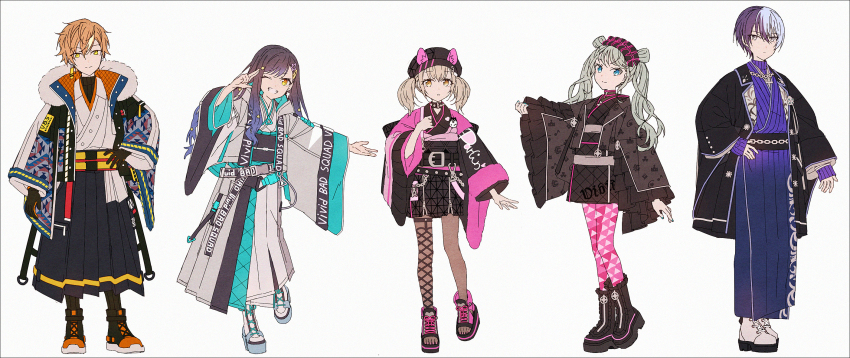 2boys 3girls :o animal_ear_fluff animal_ears animal_hat aoyagi_touya awakening_beat_(project_sekai) azusawa_kohane black_footwear black_gloves black_hakama black_headwear black_jacket black_kimono black_socks blue_eyes blue_hair blue_nails boots brown_eyes brown_hair brown_pantyhose closed_mouth commentary_request earrings fake_animal_ears find_a_way_out_(project_sekai) fishnet_thighhighs fishnets frilled_boots frilled_footwear frills gloves gradient_hair green_hair grey_background grey_eyes grey_jacket grin hair_between_eyes hair_ornament hairclip hakama hakama_skirt hakusai_(tiahszld) hand_on_own_hip hand_up hat hatsune_miku highres itsuka_senaka_awase_no_lyric_wo_(project_sekai) jacket japanese_clothes jewelry kimono long_hair long_sleeves looking_at_viewer multicolored_hair multiple_boys multiple_girls nail_polish obi one_eye_closed open_clothes open_jacket orange_eyes orange_hair pantyhose parted_lips pinching_sleeves pink_pantyhose pink_sandals print_pantyhose project_sekai purple_hair purple_kimono quilting_formal_(project_sekai) same_dreams_same_colors_(project_sekai) sandals sash shinonome_akito shiraishi_an shoes short_kimono simple_background single_fishnet_legwear skirt sleeves_past_wrists smile socks standing standing_on_one_leg star_(symbol) star_hair_ornament streaked_hair thighhighs thighhighs_over_pantyhose toeless_footwear twintails two-tone_hair unmoving_pattern very_long_hair vivid_bad_squad_(project_sekai) vivid_bad_squad_miku vocaloid white_footwear white_kimono wide_sleeves yellow_eyes