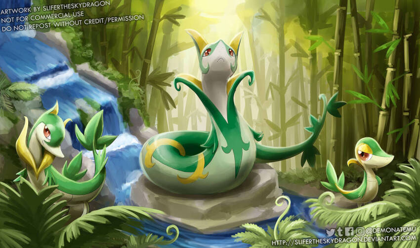 bamboo bamboo_forest brown_eyes closed_mouth deviantart_username evolutionary_line forest gen_5_pokemon half-closed_eyes nature nintendo no_humans pokemon pokemon_(creature) red_eyes rock serperior servine slifertheskydragon smile snivy water waterfall