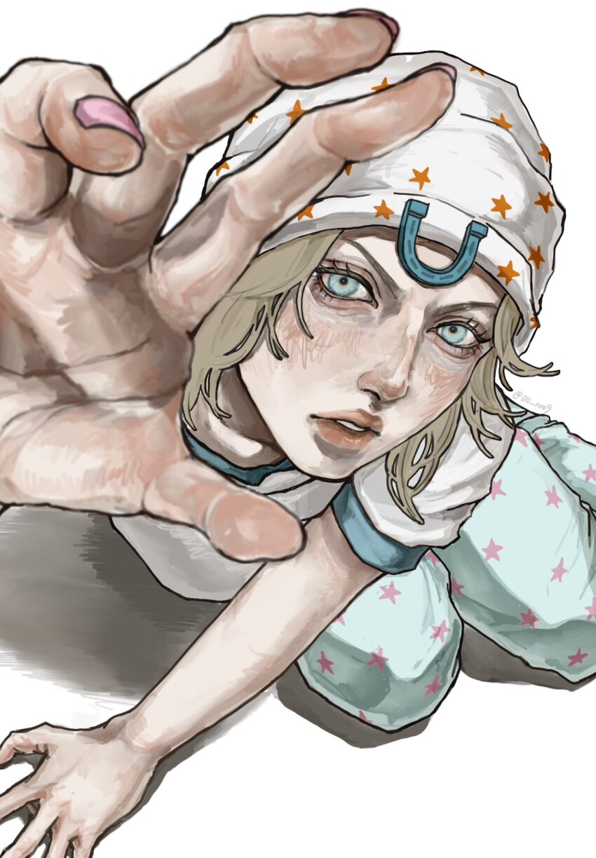 1boy aqua_eyes aqua_pants beanie blue_sleeves grey_hair hat highres horseshoe_hat_ornament johnny_joestar jojo_no_kimyou_na_bouken looking_at_viewer male_focus on_floor pants parted_lips pink_nails shirt sitting solo steel_ball_run teeth two-tone_sleeves umeko_(00_nro9) white_hat white_shirt white_sleeves