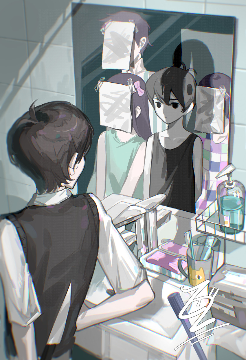 1girl 4boys absurdres arm_support arms_at_sides aubrey_(headspace)_(omori) aubrey_(omori) bar_soap bare_arms bare_shoulders big_yellow_cat_(omori) black_eyes black_hair black_sweater_vest black_tank_top bow brothers checkered_clothes checkered_shirt chromatic_aberration closed_mouth collared_shirt colored_skin commentary covered_face cup different_reflection double-parted_bangs dress dual_persona empty_eyes english_commentary expressionless from_above green_dress hair_between_eyes hair_bow hero_(headspace)_(omori) hero_(omori) highres indoors kel_(headspace)_(omori) kel_(omori) looking_at_mirror mirror multiple_boys neishei547 no_pupils omori omori_(omori) paper pink_bow purple_hair reflection shirt short_hair short_sleeves siblings sink sleeveless sleeveless_dress soap_dispenser something_(omori) striped_clothes striped_shirt sunny_(omori) sweater_vest tank_top tile_wall tiles toothbrush upper_body vertical-striped_clothes vertical-striped_shirt very_short_hair white_shirt white_skin