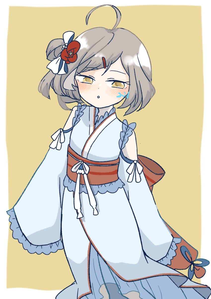 1girl ahoge arms_at_sides artist_name assault_lily bare_shoulders blue_kimono blush border commentary_request cowboy_shot detached_sleeves flower frilled_kimono frilled_sleeves frills fumi_(fumifumi3axl) grey_hair hair_bun hair_flower hair_ornament hair_ribbon hairclip highres japanese_clothes kimono long_sleeves looking_at_viewer multicolored_hair obi obijime official_alternate_costume official_alternate_hairstyle outside_border parted_lips red_flower ribbon sasaki_ran sash short_hair simple_background single_side_bun sleeveless sleeveless_kimono sleeves_past_fingers sleeves_past_wrists solo standing streaked_hair white_background white_border wide_sleeves yellow_background yellow_eyes