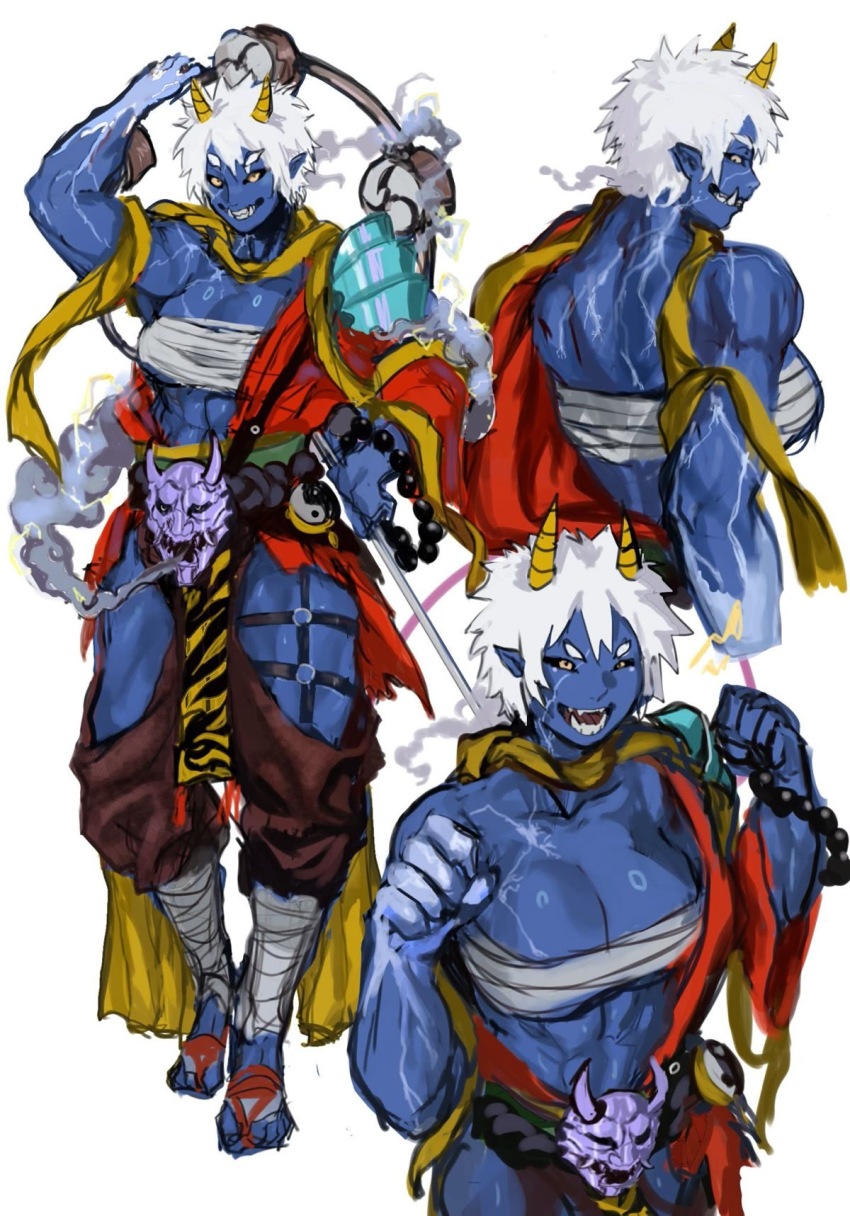 1girl abs armor back beads black_sclera blue_skin breasts chest_sarashi colored_sclera colored_skin demon_girl drum highres horns instrument japanese_clothes monster_girl muscular muscular_arms muscular_back muscular_female muscular_legs oni original pauldrons pointy_ears prayer_beads sandals sarashi sfour_s4 short_hair shoulder_armor single_pauldron smile solo standing taiko_drum thick_thighs thighs tomboy white_hair yellow_eyes yin_yang