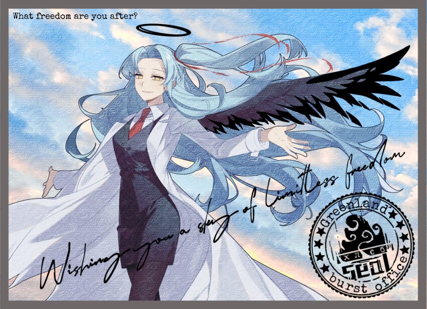 1girl :d angela_(project_moon) black_halo black_leggings black_skirt black_vest black_wings blue_hair blue_sky border calligraphy cloud cloudy_sky coat collared_shirt cowboy_shot curtained_hair english_text feathered_wings grey_border hair_flowing_over hair_ribbon halo high_side_ponytail highres ink_stamp leggings lobotomy_corporation long_hair looking_at_viewer necktie open_clothes open_coat open_mouth outstretched_arms project_moon red_necktie ribbon shirt single_wing skirt sky smile solo very_long_hair vest white_coat white_shirt wings yellow_eyes zukichou