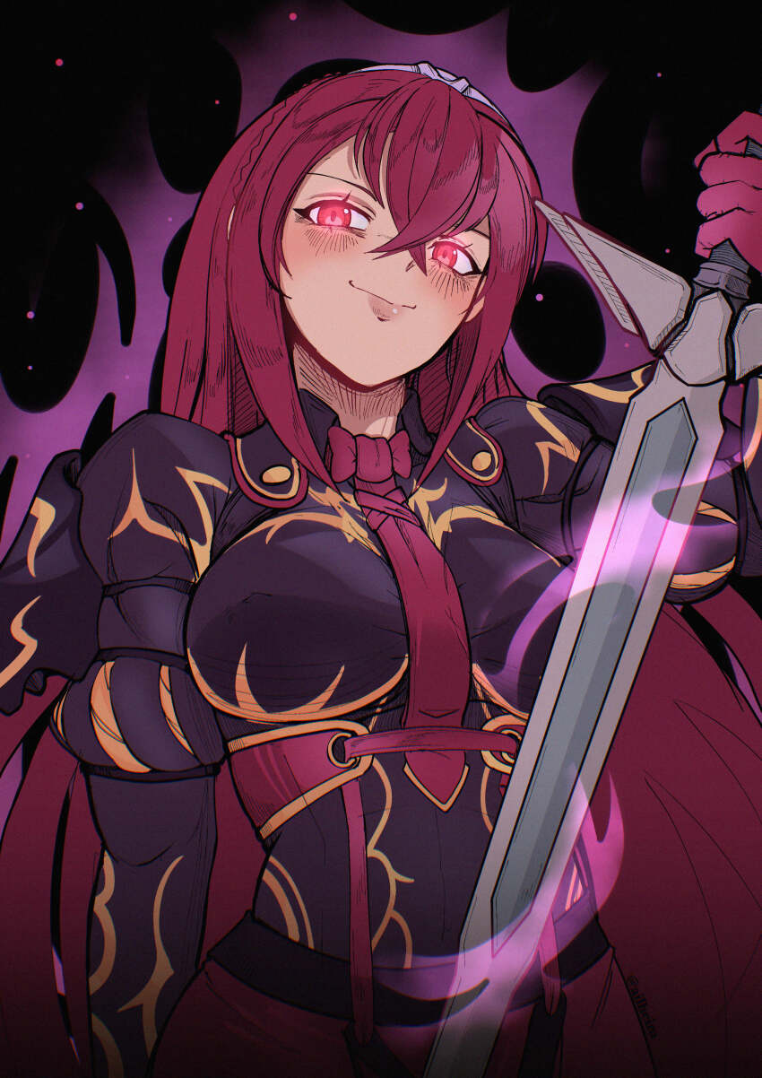 absurdres ailheim aura black_background breasts commentary crossed_bangs dark_aura english_commentary female_alear_(fell_dragon)_(fire_emblem) female_alear_(fire_emblem) fire_emblem fire_emblem_engage glowing glowing_eyes hair_between_eyes highres holding holding_sword holding_weapon long_hair long_sleeves looking_at_viewer medium_breasts nintendo red_eyes red_hair smile solo sword upper_body very_long_hair weapon