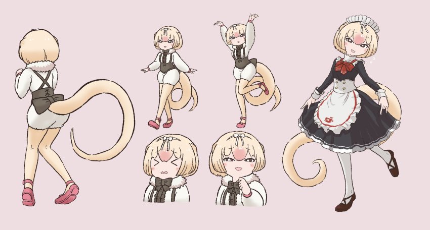 &gt;_&lt; 1girl alternate_costume anteater_tail black_footwear blonde_hair highres kemono_friends kotobuki_(tiny_life) maid multicolored_hair multiple_views pantyhose pink_background pink_hair pink_shoes shoes short_hair silky_anteater_(kemono_friends) simple_background tail two-tone_hair white_pantyhose