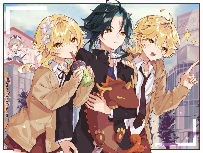 2boys 2girls aether_(genshin_impact) alternate_costume barbara_(genshin_impact) black_hair black_jacket blonde_hair blue_flower braid brown_neckwear brown_skirt building closed_mouth cloud cup day detached_sleeves dress drill_hair drinking_straw facial_mark flower forehead_mark gameyaruzaurus genshin_impact hair_between_eyes hair_flower hair_ornament hat holding holding_cup holding_stuffed_toy jacket logo long_hair long_sleeves lumine_(genshin_impact) multicolored_hair multiple_boys multiple_girls necktie open_mouth outdoors pleated_skirt rex_lapis_(genshin_impact) short_hair_with_long_locks single_braid skirt sky sparkle stuffed_animal stuffed_dragon stuffed_toy twin_drills twintails twitter_username waving white_flower xiao_(genshin_impact) yellow_eyes