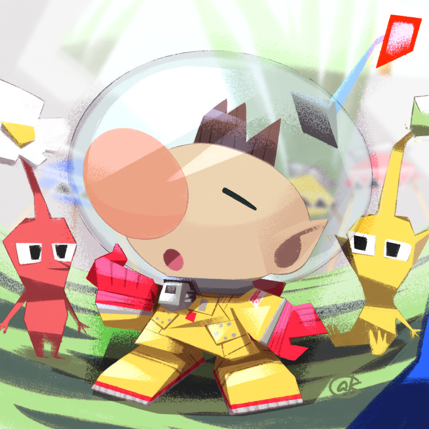 1boy alien big_nose black_eyes blue_pikmin blue_skin brown_hair bud clenched_hand closed_eyes colored_skin commentary flower gloves grass helmet highres karasusho male_focus nintendo no_mouth olimar onion_(pikmin) open_mouth outdoors patch pikmin_(creature) pikmin_(series) pointy_ears pointy_nose radio_antenna red_gloves red_light red_pikmin red_skin shadow short_hair signature sitting space_helmet spacesuit very_short_hair whistle white_flower yellow_pikmin yellow_skin