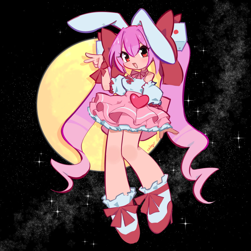 1girl animal_ears blush bow ceroro choker di_gi_charat dice dice_hair_ornament dress hair_ornament highres long_hair looking_at_viewer pink_hair rabbit_ears rabbit_girl red_eyes ribbon ribbon_choker smile solo twintails usada_hikaru wrist_bow wrist_ribbon