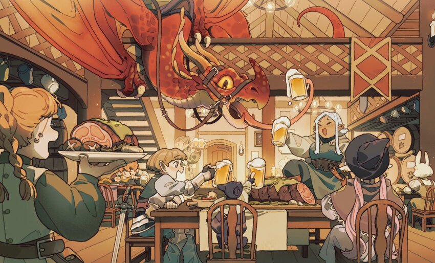6+girls :d alcohol animal_ears armor barrel beer beer_glass belt black_gloves black_headwear blonde_hair bowl_cut breastplate brown_capelet brown_eyes candle capelet carol_cao cat chair chandelier claws closed_eyes colored_sclera commentary cup door dragon dress drinking_glass ear_piercing eating elf fantasy fingerless_gloves foam food gloves hat highres holding holding_cup holding_plate indoors knee_pads long_hair long_tongue meat mug multiple_girls on_chair open_mouth original outstretched_arm piercing plate pointy_ears rabbit_ears reins scenery short_hair sitting smile stairs sword symbol-only_commentary table tavern toasting_(gesture) tongue tongue_hold tongue_out twintails vambraces weapon white_dress white_hair witch_hat wooden_floor wyvern yellow_sclera