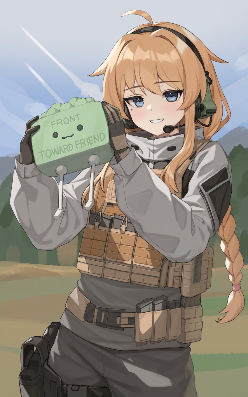 1girl :3 absurdres ahoge blonde_hair blue_eyes blush body_armor braid claymore_(mine) commentary explosive fluf.p gloves headphones highres long_hair looking_at_viewer low-braided_long_hair low-tied_long_hair low_ponytail mine_(weapon) mole mole_under_eye original ponytail smile stuffed_animal stuffed_toy tactical_clothes whiskey_project