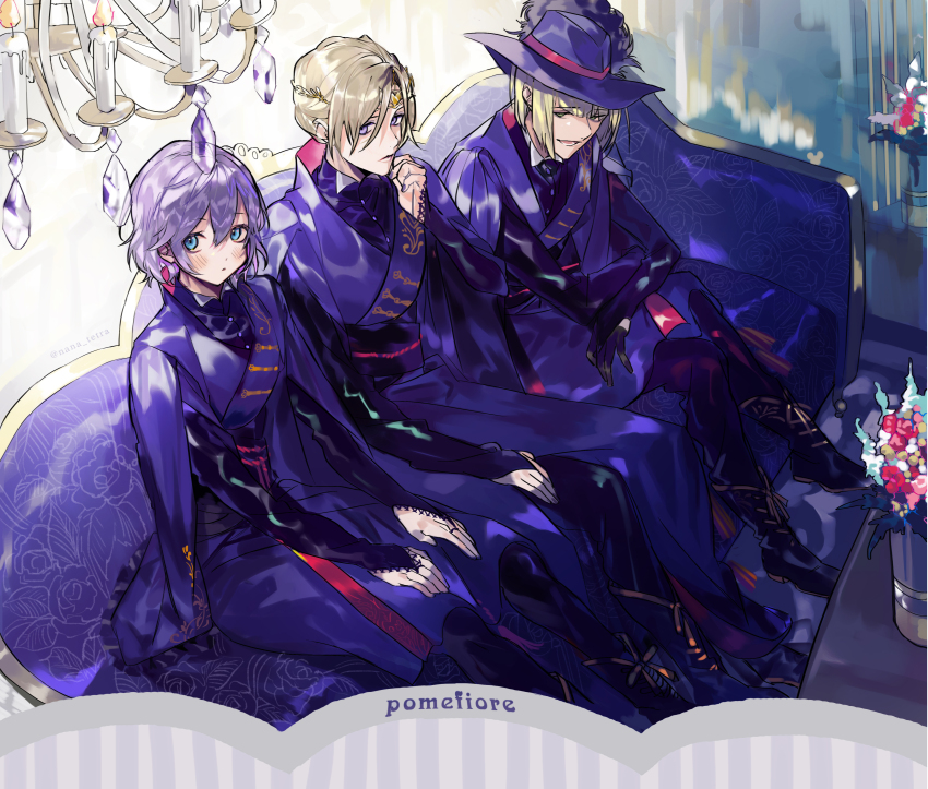 3boys :o absurdres black_gloves blonde_hair blue_eyes blush boots candle chandelier closed_mouth commentary_request couch crossed_arms earrings epel_felmier feather_hair flower forehead_protector full_body gloves green_eyes hair_between_eyes hair_ornament half_gloves hand_on_own_chest hands_on_own_thighs hat highres jewelry long_sleeves looking_at_viewer male_focus multiple_boys nana_tetra on_couch open_mouth plant purple_boots purple_eyes purple_hair purple_hat purple_nails purple_robe purple_vest robe rook_hunt shirt teeth trap twisted_wonderland vest vil_schoenheit