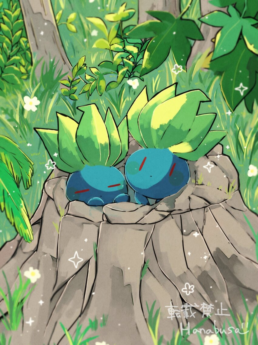 artist_name blue_skin closed_eyes colored_skin commentary_request gen_1_pokemon grass hanabusaoekaki highres leaf nintendo no_humans oddish outdoors pokemon pokemon_(creature) tree_stump