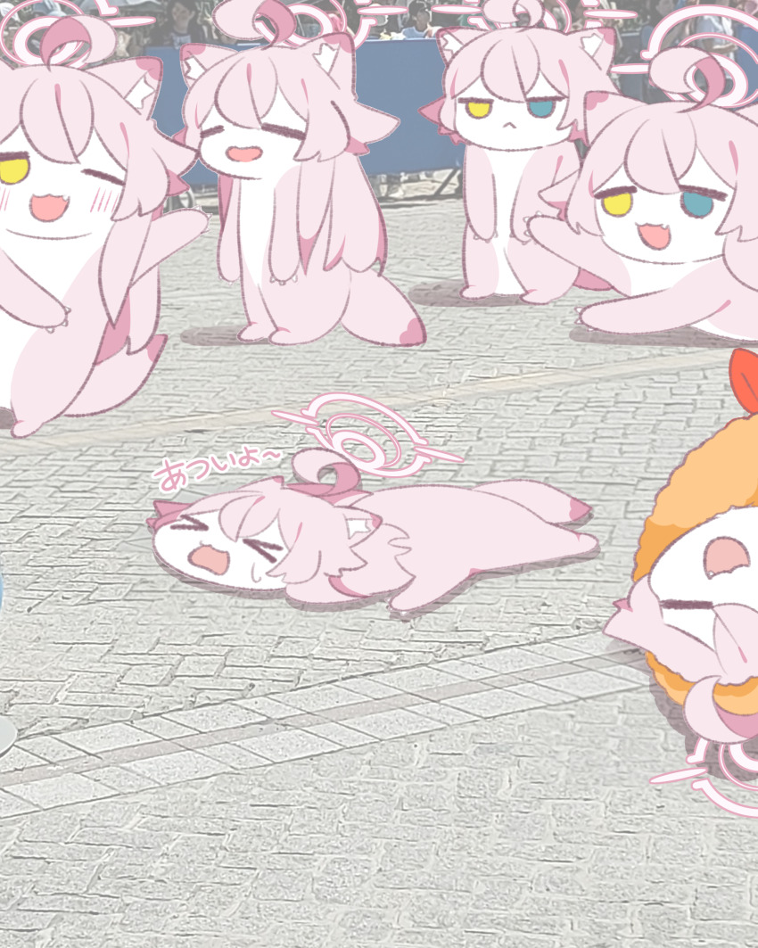 6+girls absurdres ahoge blue_archive blue_eyes blush clone flattened food food_costume fried_hoshino_(meme) hair_between_eyes halo heterochromia highres hoshino_(blue_archive) lattes2 long_hair meme multiple_girls open_mouth photo_background pink_hair pink_halo shrimp shrimp_tempura smile solo tempura tempura_costume very_long_hair yellow_eyes