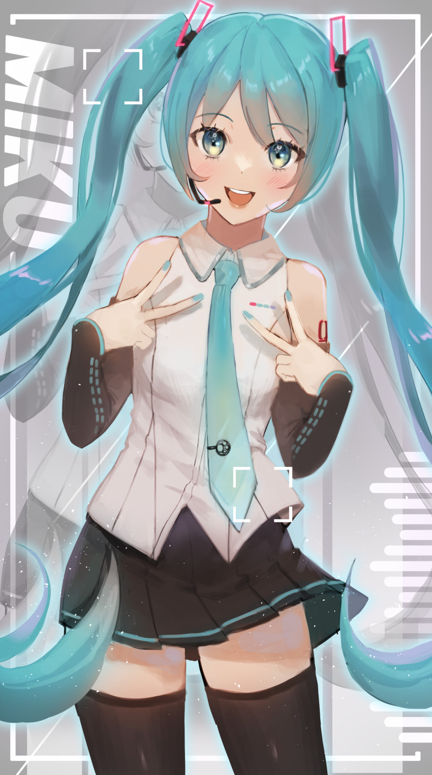 1girl absurdres aqua_eyes aqua_hair aqua_nails aqua_necktie bare_shoulders black_skirt black_sleeves black_thighhighs character_name commentary cowboy_shot detached_sleeves double_v graphic_equalizer grey_background hair_ornament hatsune_miku hatsune_miku_(vocaloid4) headset highres long_hair looking_at_viewer miniskirt nail_polish necktie open_mouth pinpo pleated_skirt shirt shoulder_tattoo skirt sleeveless sleeveless_shirt smile solo standing tattoo thighhighs twintails v v4x very_long_hair vocaloid white_shirt zettai_ryouiki zoom_layer
