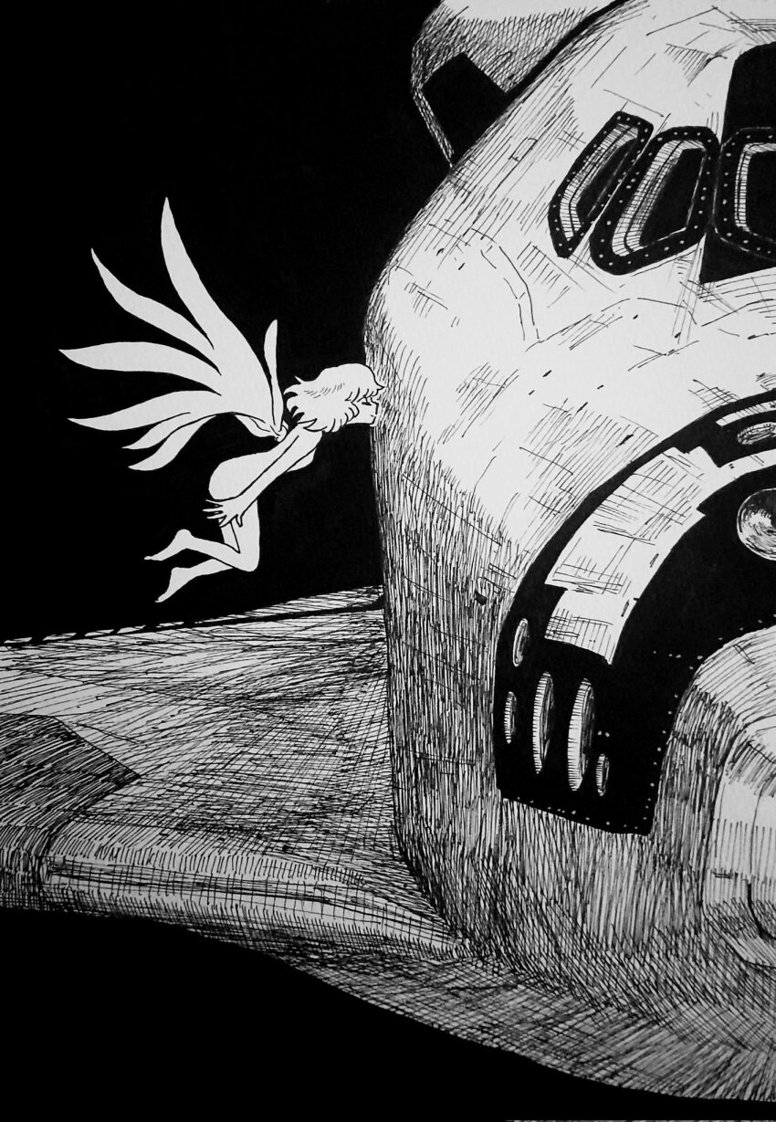 1girl arms_at_sides black_background closed_eyes commentary completely_nude floating flying from_side greyscale hatching_(texture) highres medium_hair monochrome nude object_kiss original profile sakajun simple_background solo space space_shuttle spacecraft wide_shot wings