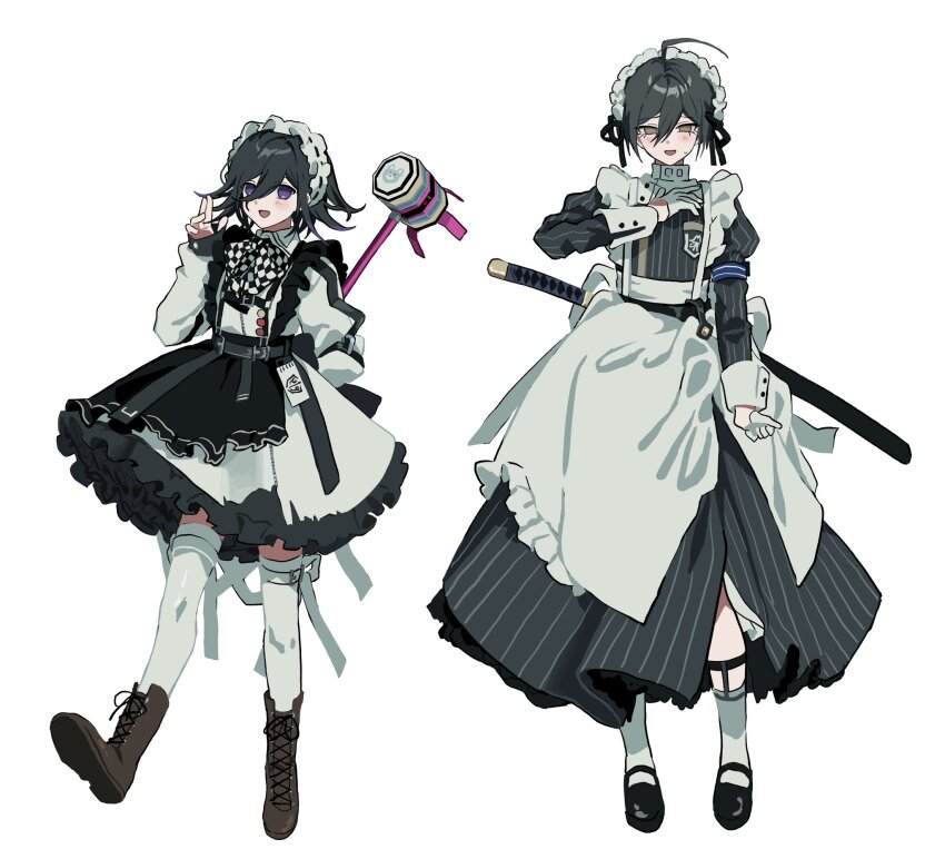 2boys alternate_costume apron black_dress crossdressing danganronpa_(series) danganronpa_v3:_killing_harmony dress enmaided frilled_apron frills hammer highres holding holding_hammer long_sleeves looking_at_viewer maid maid_apron maid_headdress male_focus male_maid multiple_boys nekor0id nyapitalism oma_kokichi open_mouth puffy_sleeves saihara_shuichi shoes short_hair simple_background smile sword weapon white_apron