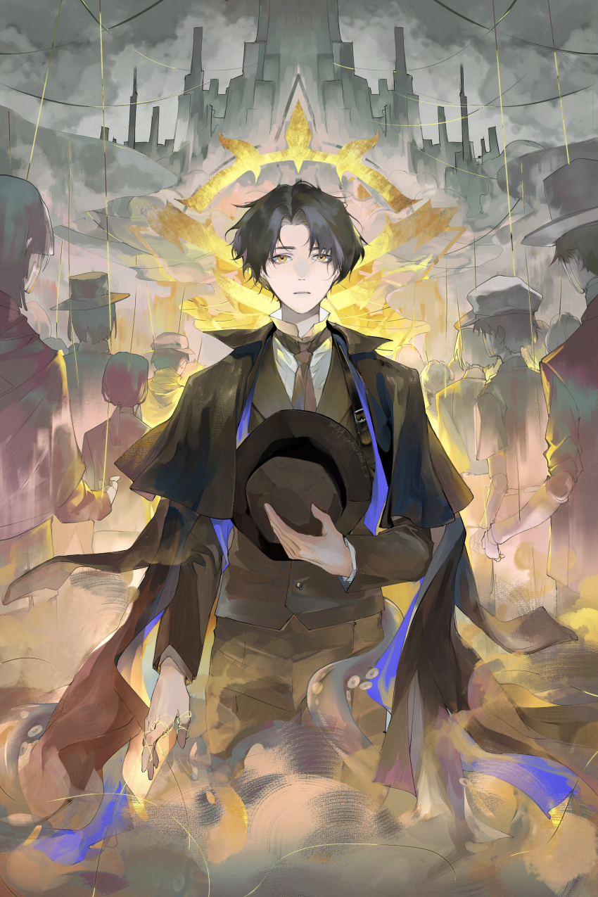 1boy absurdres angel black_hair black_jacket black_necktie black_pants city cloud cloudy_sky commentary_request corpse enmokuritsu-d fog halo hat highres holding holding_unworn_clothes holding_unworn_hat jacket klein_moretti looking_at_viewer lord_of_the_mysteries marionette necktie outdoors pants parted_lips people puppet scarf shirt short_hair sky string teeth tentacles tentacles_under_clothes unworn_hat unworn_headwear white_shirt windbreaker yellow_eyes