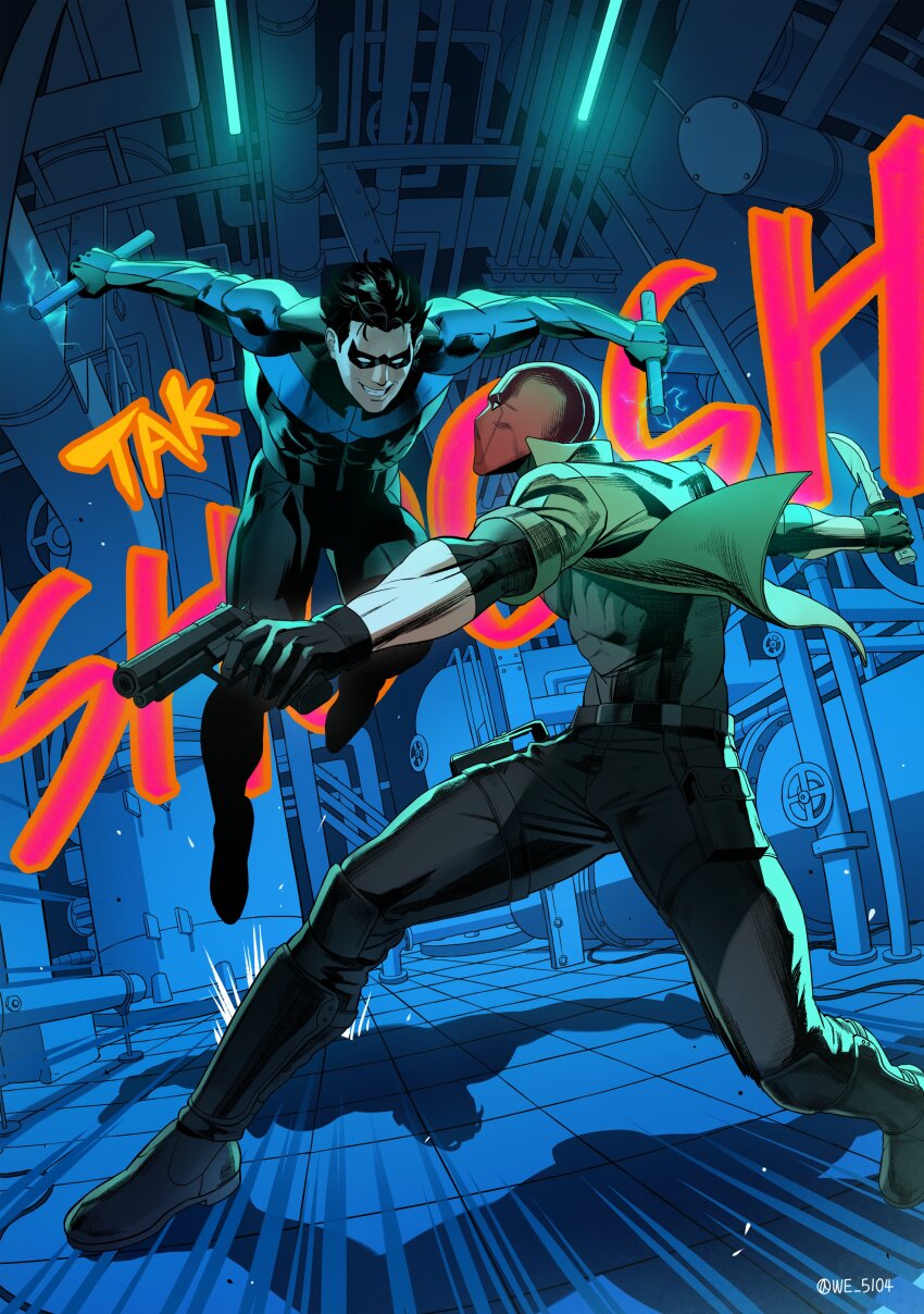 2boys absurdres artist_name bat_signal batman_(series) batman_symbol black_bodysuit black_gloves black_hair blue_bodysuit blue_mask bodysuit brown_jacket dc_comics gloves grey_bodysuit gun handgun highres holding holding_weapon holster jacket jason_todd large_pectorals male_focus mask multiple_boys muscular muscular_male nightwing open_clothes pants pectorals red_hood_(dc) red_mask short_hair smile superhero_costume taut_bodysuit thigh_holster two-tone_bodysuit we_5104 weapon