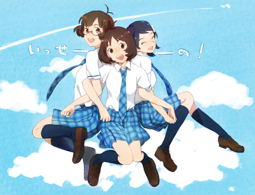 00s 1boy 2girls ahoge akizuki_ryo antenna_hair blue_hair brown_eyes brown_hair child closed_eyes cloud crossdressing day glasses hair_ornament hairclip hidaka_ai holding_hands idolmaster idolmaster_dearly_stars locked_arms mitosa mizutani_eri multiple_girls necktie open_mouth plaid_clothes plaid_skirt rough_time_school school_uniform short_hair sketch skirt sky smile socks trap