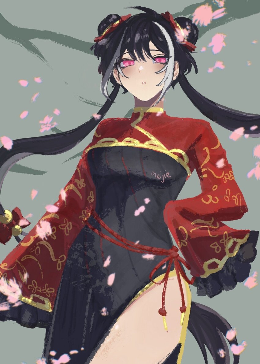 1girl black_dress black_hair breasts cherry_blossoms chinese_clothes double_bun dress grey_background hair_bun highres jia_xichun_(project_moon) limbus_company long_hair long_sleeves looking_at_viewer multicolored_hair pink_eyes project_moon red_shrug rope_belt side_slit simple_background solo standing streaked_hair twintails upper_body very_long_hair whoiseni