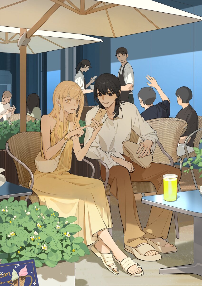3boys 5girls arm_up bag black_eyes black_hair blonde_hair bracelet brown_pants cellphone chair collared_shirt commentary cup dress earrings english_commentary flower_earrings halter_dress halterneck highres holding holding_phone jewelry long_hair long_sleeves multiple_boys multiple_girls on_chair pants phone plant qiu_tong ring sandals shirt shoulder_bag sitting smartphone sq_(series) sun_jing table tanjiu umbrella white_shirt yellow_dress yellow_eyes