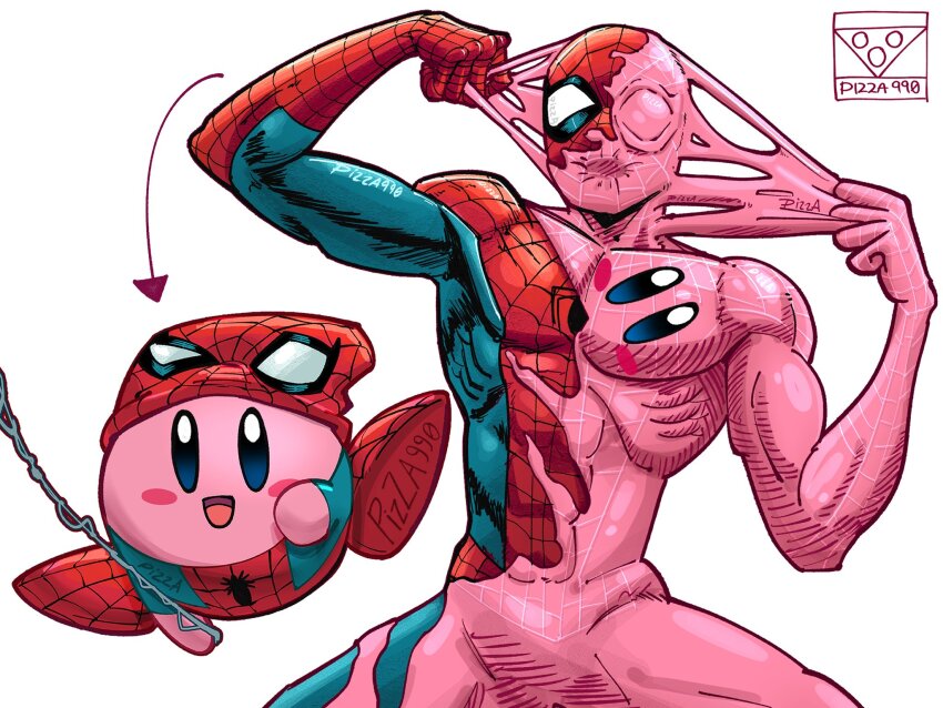 2boys animal_print arrow_(symbol) bodysuit colored_skin commentary copy_ability cosplay english_commentary highres kirby kirby_(series) marvel mask multicolored_bodysuit multiple_boys nintendo open_mouth peter_parker pink_skin pizza990 print_bodysuit red_bodysuit silk simple_background smile solid_oval_eyes spider-man spider-man_(cosplay) spider-man_(series) spider_print spider_web spider_web_print spidersona superhero_costume symbiote two-tone_bodysuit web_shooter western_comics_(style) white_background