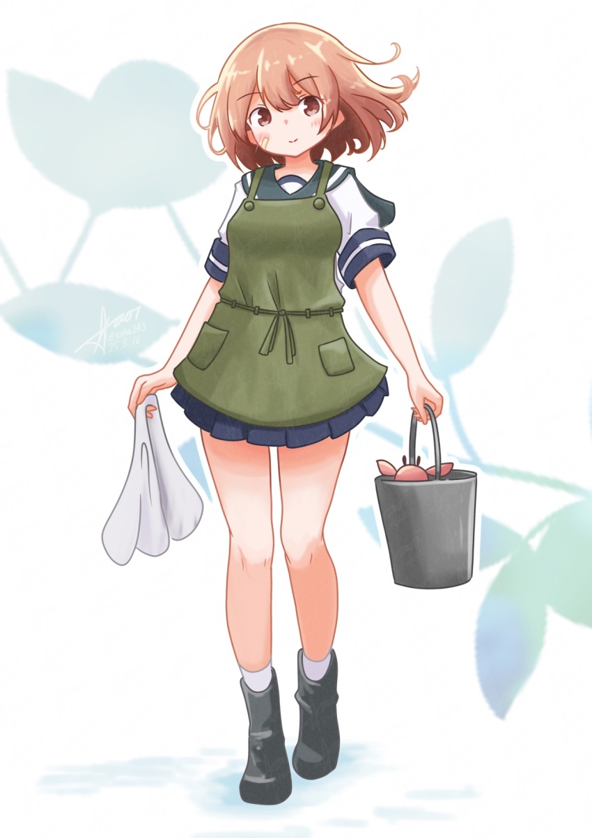 1girl aaoi bandaid bandaid_on_face bikini black_boots blue_sailor_collar blue_skirt boots brown_eyes brown_hair bucket crab full_body green_bikini highres kantai_collection looking_at_viewer oboro_(kancolle) one-hour_drawing_challenge pleated_skirt sailor_collar sailor_shirt shirt short_hair skirt solo standing swimsuit towel white_shirt
