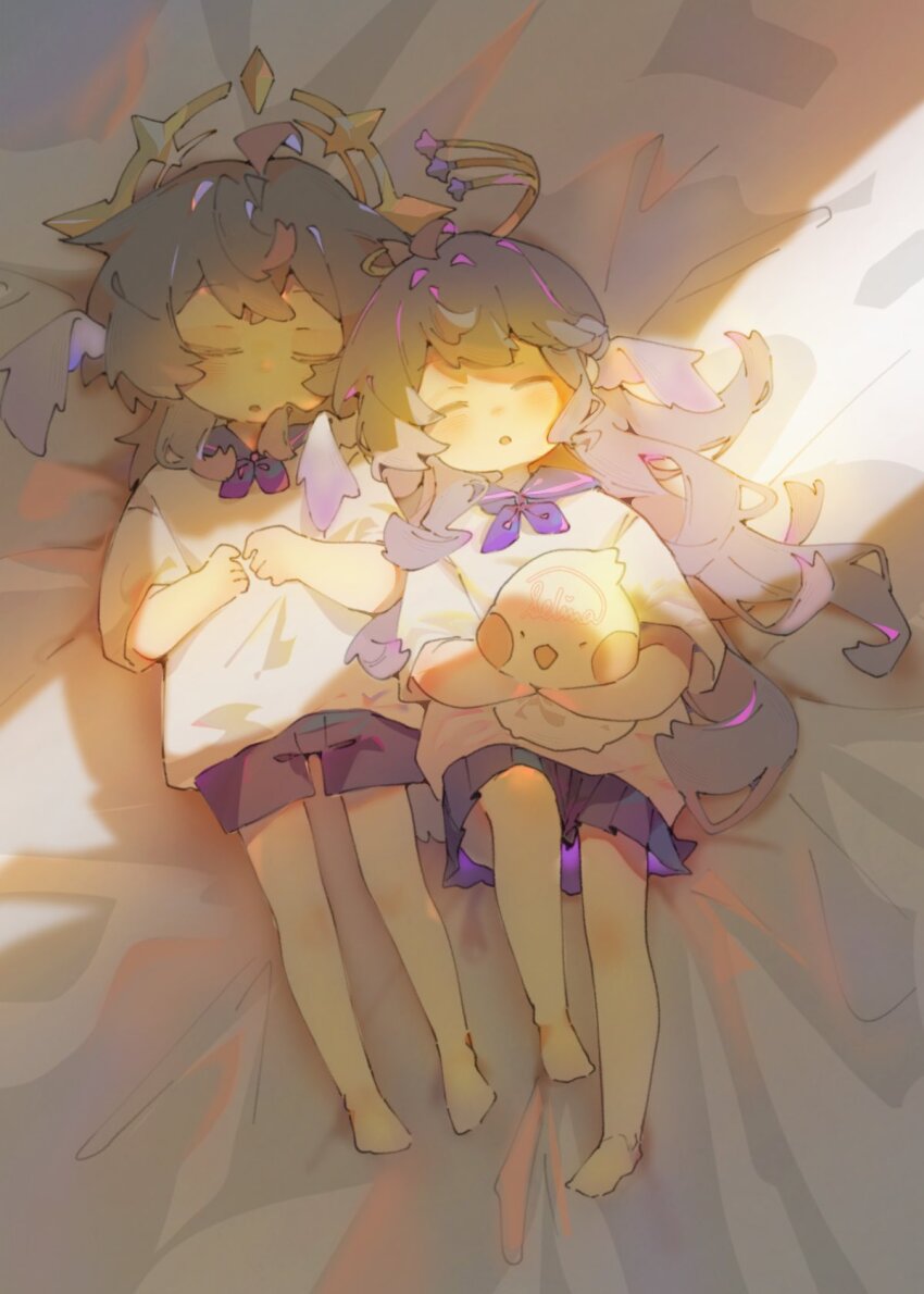 1boy 1girl :o aged_down barefoot brother_and_sister closed_eyes commentary grey_hair halo head_wings highres honkai:_star_rail honkai_(series) long_hair lying neckerchief on_back purple_neckerchief purple_shorts purple_skirt robin_(honkai:_star_rail) selina_sama shirt shorts siblings signature skirt sleeping sunday_(honkai:_star_rail) symbol-only_commentary white_shirt wings