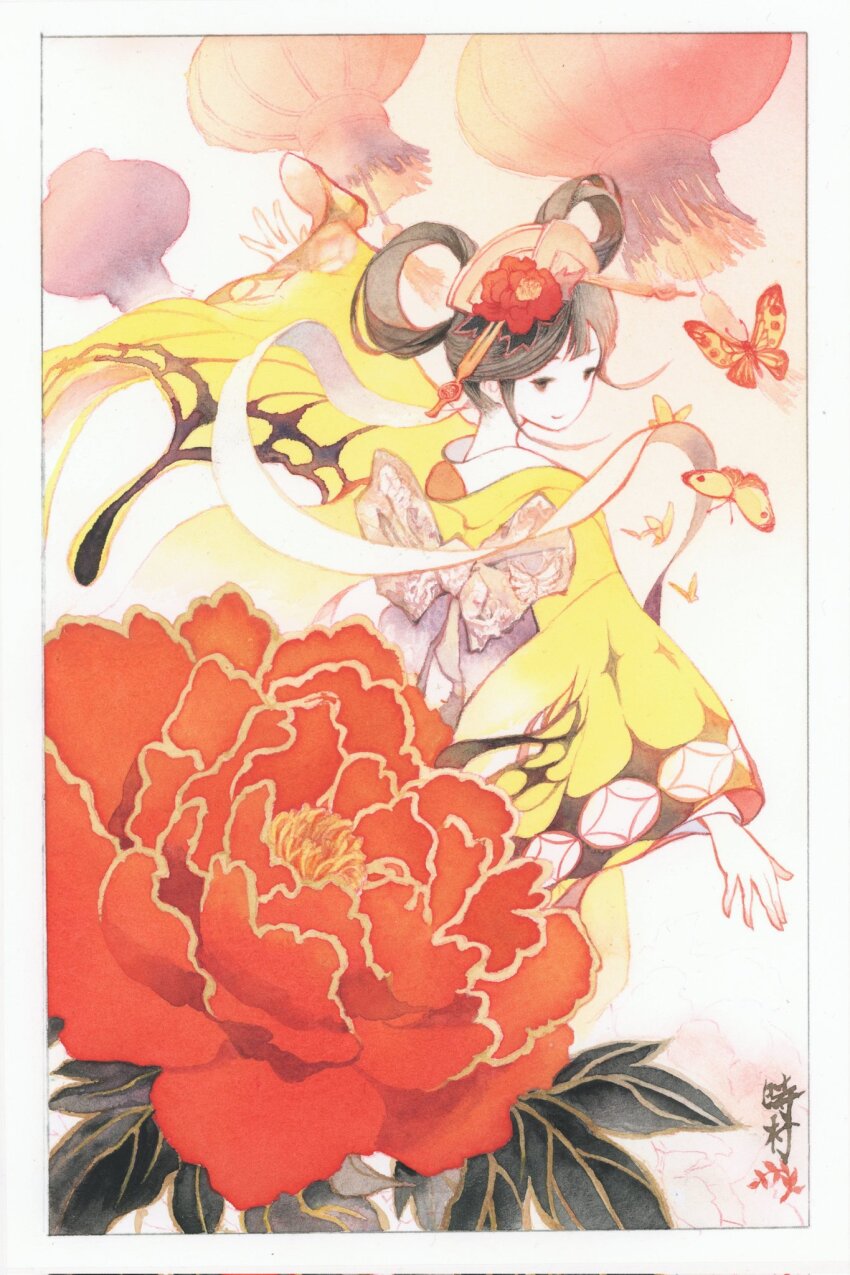 1girl animal_print back_bow black_hair blue_bow border bow brown_eyes bug butterfly butterfly_print card_(medium) closed_mouth commentary flower hair_flower hair_ornament hair_rings hanafuda headpiece headwear_request highres insect japanese_clothes kimono looking_at_viewer looking_back object_request original outstretched_arms painting_(medium) peony_(flower) print_kimono red_flower s.tokimura short_hair signature smile solo spread_arms standing traditional_media watercolor_(medium) white_border yellow_butterfly yellow_kimono