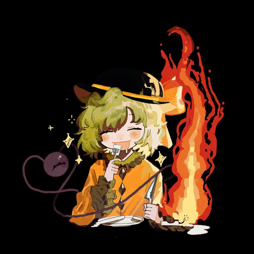 1girl black_background black_hat blush burning_clothes buttons candle closed_eyes commentary cropped_torso drooling eating facing_viewer fire fork frilled_sleeves frills happy hat hat_ribbon highres holding holding_fork holding_knife knife komeiji_koishi long_sleeves medium_hair nanji_shao open_mouth plate ribbon shirt simple_background smile solo sparkle symbol-only_commentary third_eye touhou upper_body yellow_ribbon yellow_shirt