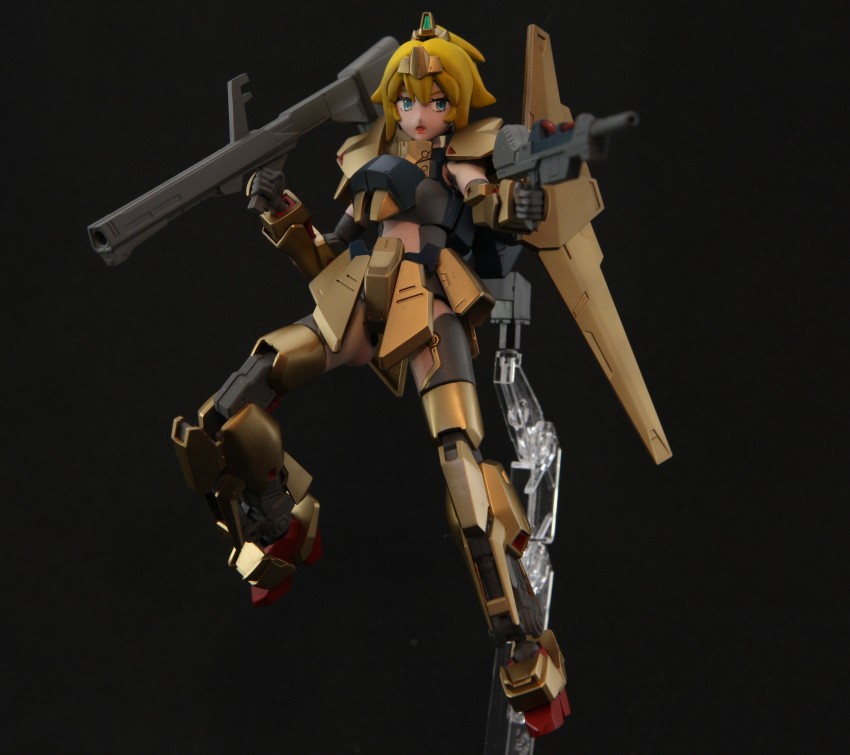 1girl absurdres asymmetrical_dual_wielding beam_rifle black_background blonde_hair blue_eyes cosplay dual_wielding energy_gun english_text gun gundam gunpla hat_(thehatweaver) highres holding holding_gun holding_weapon hoshino_char hyaku_shiki hyaku_shiki_(cosplay) mecha_musume model_kit model_kit_(medium) open_mouth photo_(medium) shoulder_cannon solo tsunderia unconventional_media virtual_youtuber weapon zeta_gundam