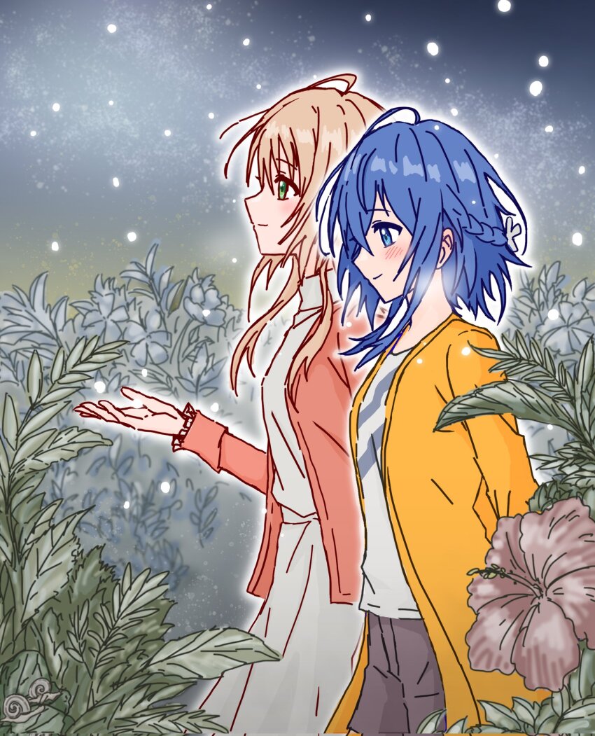 2girls blue_eyes blue_hair blush braid brown_flower brown_hair cardigan closed_mouth commentary corrupted_twitter_file dress flower green_eyes grey_shorts half_up_braid hibiscus highres jacket leaf misakino_kukuru miyazawa_fuuka multiple_girls outdoors outline pink_cardigan pink_flower shiroi_suna_no_aquatope shirt shorts smile snail snowing upalupatarara white_dress white_outline white_shirt yellow_jacket