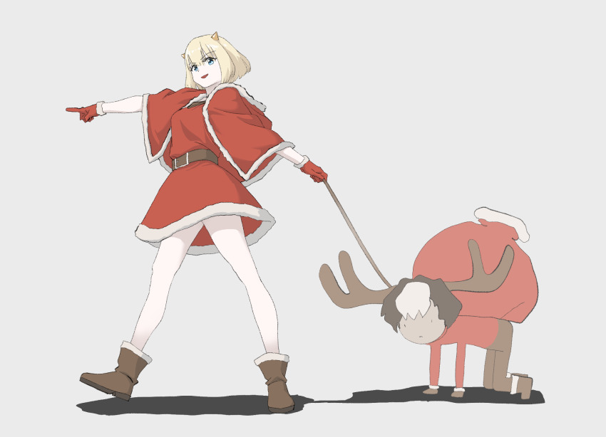 1boy 1girl all_fours animal_collar animal_costume antlers black_hair blonde_hair blue_eyes boots breasts brown_dust_(series) brown_dust_2 capelet collar demon_horns dress full_body fur-trimmed_boots fur-trimmed_capelet fur-trimmed_gloves fur_trim gloves highres horns justia_(brown_dust) kahu lathel_(brown_dust) looking_at_viewer multicolored_hair open_mouth pointing pointing_forward red_bag red_capelet red_dress red_gloves red_shirt reindeer_antlers reindeer_costume santa_costume santa_dress shadow shirt simple_background small_breasts small_horns smile two-tone_hair white_hair