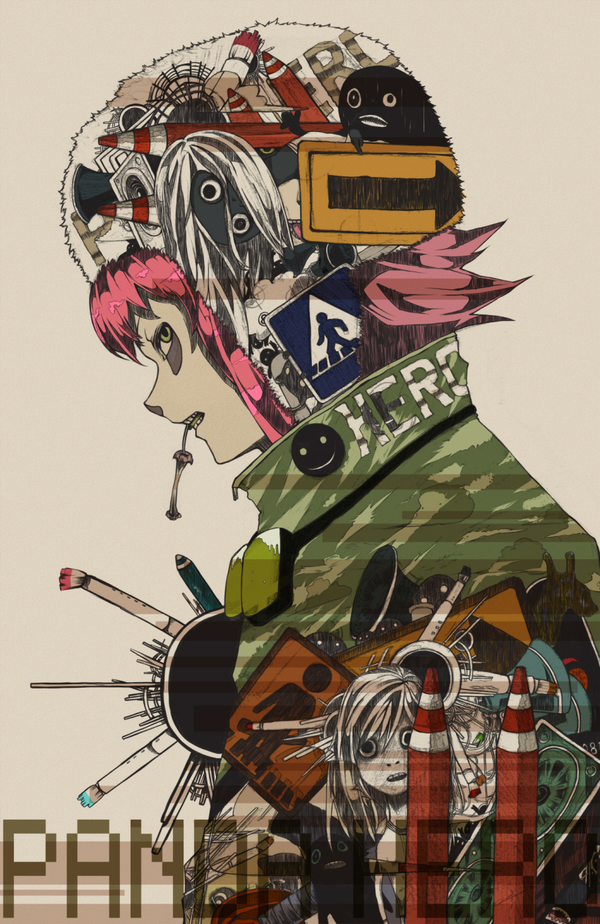 1girl alternate_color androgynous apple apple_core collage facepaint food fruit fur_hat goggles goggles_around_neck green_eyes green_jacket gumi hat highres horosuke jacket looking_at_viewer panda_hero_(vocaloid) pink_hair short_hair solo song_name songover vocaloid white_background