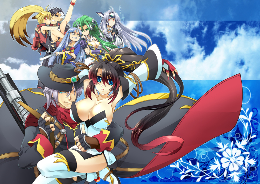 00s 2boys 5girls arisu_reiji armpits aschen_brodel banpresto blonde_hair blue_eyes blue_hair breasts cleavage crossed_arms dress green_eyes green_hair harken_browning hat horns hpa_(foolish_factory) huge_breasts kos-mos kos-mos_ver._4 long_hair multicolored_hair multiple_boys multiple_girls nanbu_kaguya one_eye_closed ponytail single_horn strapless strapless_dress super_robot_wars super_robot_wars_og_saga_mugen_no_frontier suzuka_hime thighhighs wink xenosaga xenosaga_episode_iii xiaomu