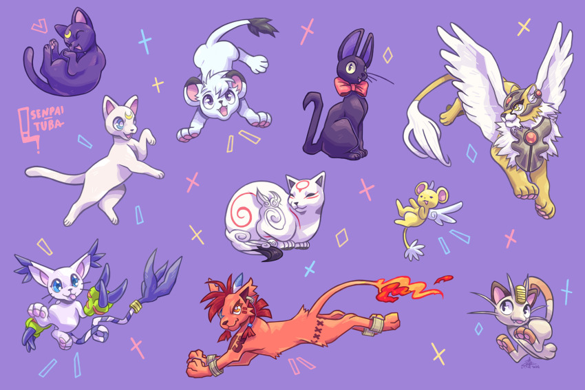 animal_ears artemis_(sailor_moon) bishoujo_senshi_sailor_moon cardcaptor_sakura cat cat_ears digimon digimon_(creature) final_fantasy final_fantasy_vii gen_1_pokemon gloves highres holy_ring jiji_(majo_no_takkyuubin) jungle_taitei kabegami kerberos kero_(cardcaptor_sakura) leo_(jungle_taitei) luna_(sailor_moon) majo_no_takkyuubin meowth nintendo ookami_(game) pokemon pokemon_(creature) red_xiii tail tailmon