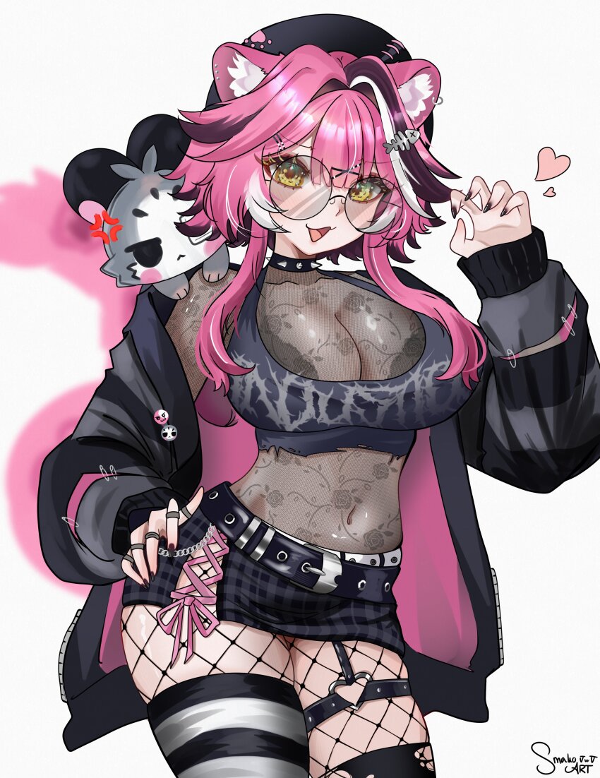 1girl :3 absurdres anger_vein animal_ear_piercing animal_ears badge belt beret black-framed_eyewear black_belt black_bra black_choker black_hat black_hoodie black_nails black_skirt black_thighhighs blush bra bra_visible_through_clothes breasts button_badge chattino_(raora_panthera) choker claw_pose clothes_writing collarbone commentary covered_collarbone covered_navel fingernails fish_skeleton_hair_ornament fishnet_pantyhose fishnets floral_print glasses hair_intakes hair_ornament hairclip hat heart heart_of_string highres hololive hololive_english hood hoodie horns jewelry large_breasts long_hair long_sleeves looking_at_viewer multicolored_hair nail_polish o-ring o-ring_thigh_strap open_clothes open_hoodie open_mouth panther_ears panther_girl panther_tail pantyhose pink_hair plaid_clothes plaid_skirt purple_hair raora_panthera ring round_eyewear see-through_clothes see-through_shirt shirt signature simple_background skirt sleeves_past_wrists smakoart smile spiked_choker spikes streaked_hair striped_clothes striped_horns striped_thighhighs tail thigh_strap thighhighs thighs torn_clothes torn_shirt torn_thighhighs two-tone_thighhighs underwear virtual_youtuber white_background white_hair white_thighhighs yellow_eyes