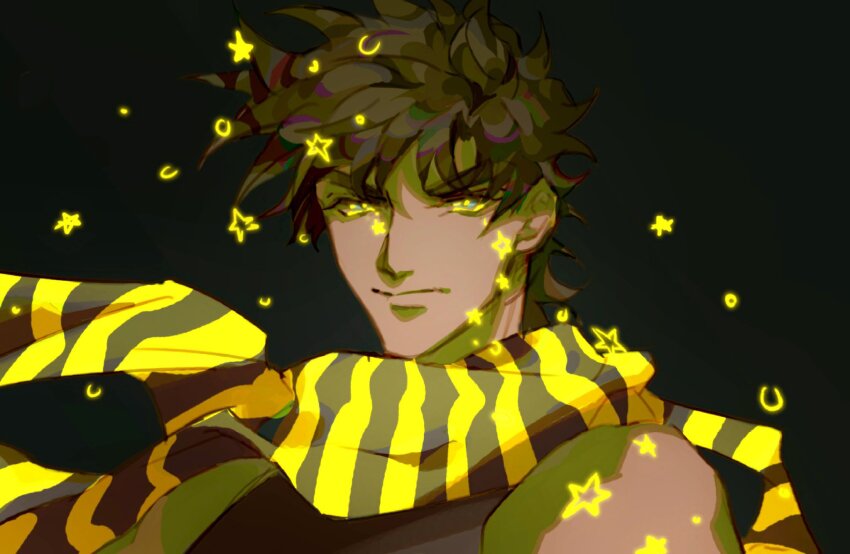 1boy bare_shoulders battle_tendency brown_hair colored_tears floating_tears glowing_tears highres jojo_no_kimyou_na_bouken joseph_joestar joseph_joestar_(young) male_focus multicolored_scarf neon_trim scarf solo star_(symbol) star_print star_tears striped_clothes striped_scarf suzuri513 tears yellow_scarf