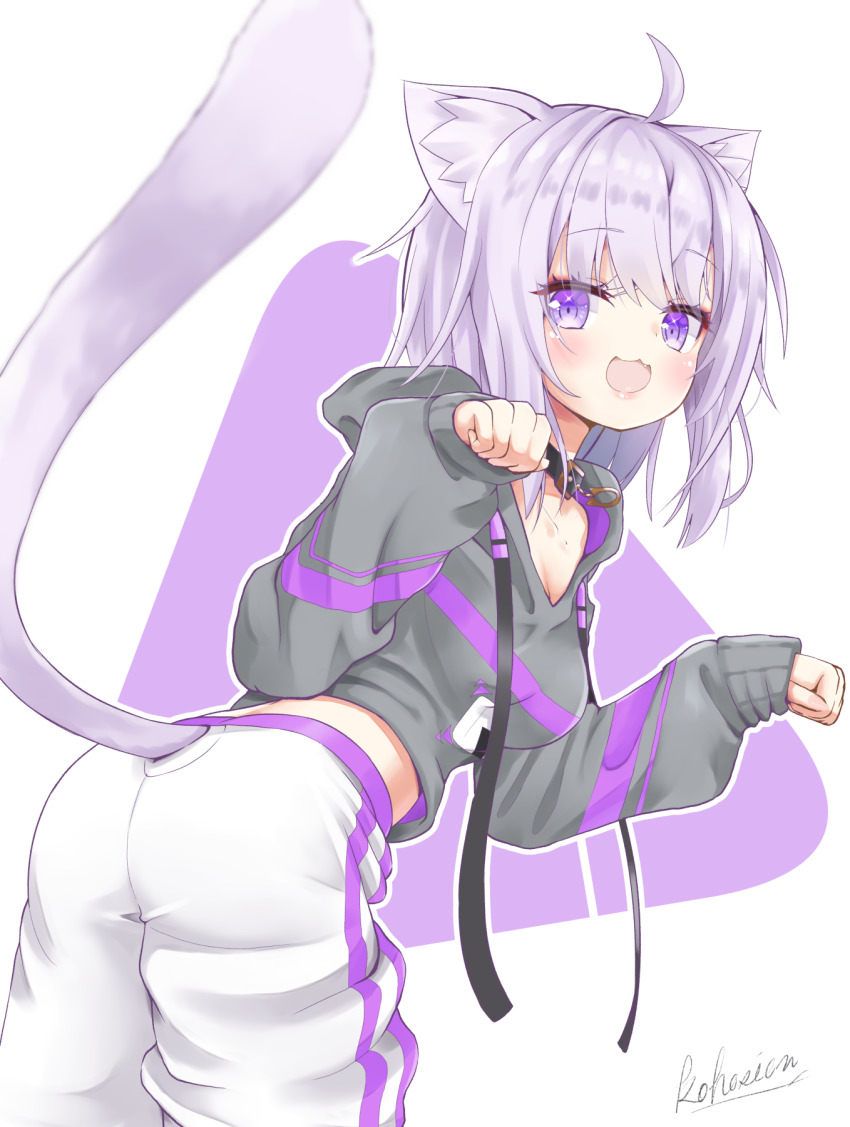 1girl :3 :d ahoge animal_ear_fluff animal_ears black_collar black_hoodie cat_ears cat_girl cat_tail collar food_print highres hololive hood hoodie konnyaku_(kohoshien) looking_at_viewer nekomata_okayu nekomata_okayu_(1st_costume) onigiri_print open_mouth paw_pose purple_eyes purple_hair short_hair smile solo tail virtual_youtuber