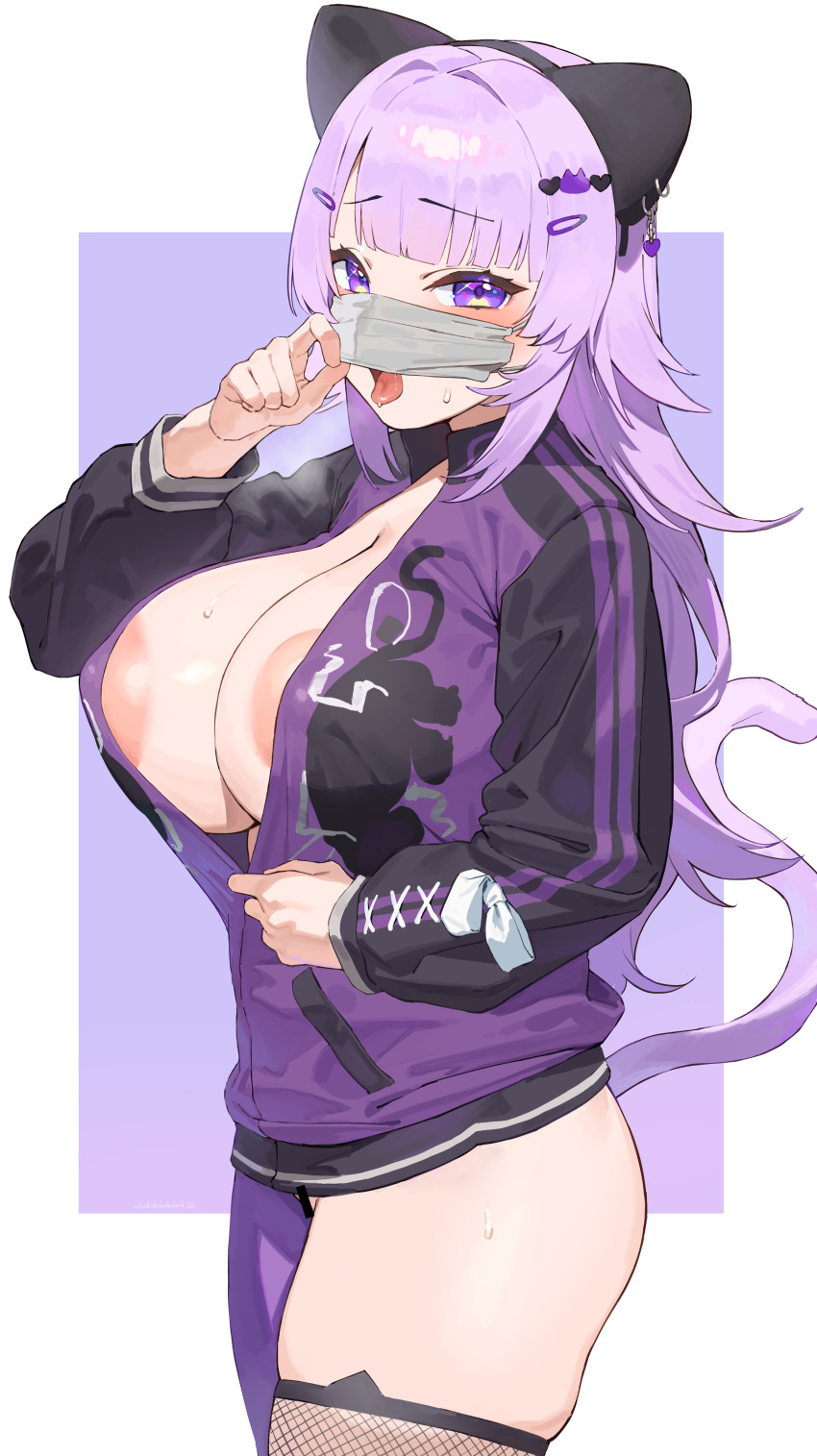 1girl absurdres animal_ear_headband animal_ear_legwear animal_ears areola_slip blush breasts cat_ear_legwear cat_ears cat_girl cat_tail cleavage fishnet_thighhighs fishnets frikulu hair_ornament hairclip hand_up highres hololive jacket large_breasts long_hair looking_at_viewer mask_pull nekomata_okayu nekomata_okayu_(personya_respect) official_alternate_costume official_alternate_hair_length official_alternate_hairstyle open_mouth purple_eyes purple_hair purple_jacket single_leg_pantyhose solo standing sweat tail thighhighs tongue tongue_out unzipping virtual_youtuber