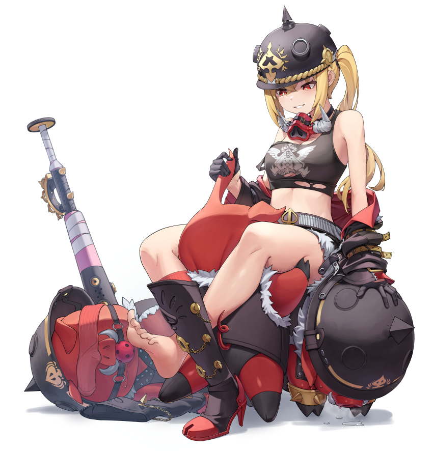 1girl absurdres bangboo_(zenless_zone_zero) baseball_bat between_legs black_boots black_shorts blonde_hair boots breasts commentary_request crop_top helmet high_heel_boots high_heels highres korean_commentary long_hair luciana_de_montefio midriff motorcycle_helmet mouth_gag police_riot_(artist) red_eyes short_shorts shorts side_ponytail single_bare_foot single_bare_leg sitting sitting_on_person small_breasts soles thighs toes zenless_zone_zero
